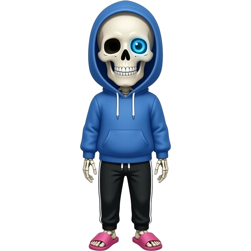 Sans the skeleton, blue hoodie, a grin, right eye is blue, black jogging pants, pink slippers emoji