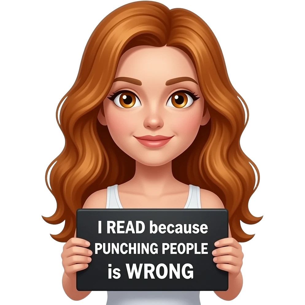 sexy girl with long wavy ginger hair and ginger eyes wearing a white tanktop is holding a black colored sign with I READ because PUNCHING PEOPLE is WRONG written on it emoji