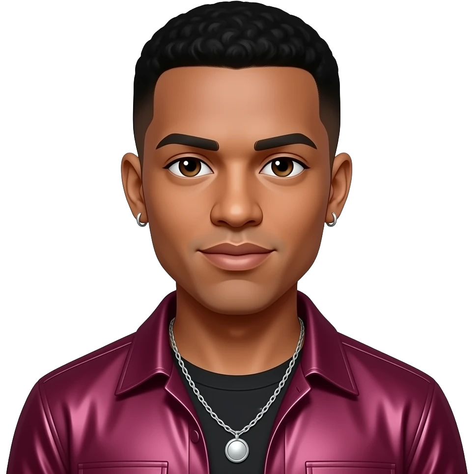 Ray J with dark brown eyes, black short hair, burgundy metallic shirt, silver necklace and short earrings emoji