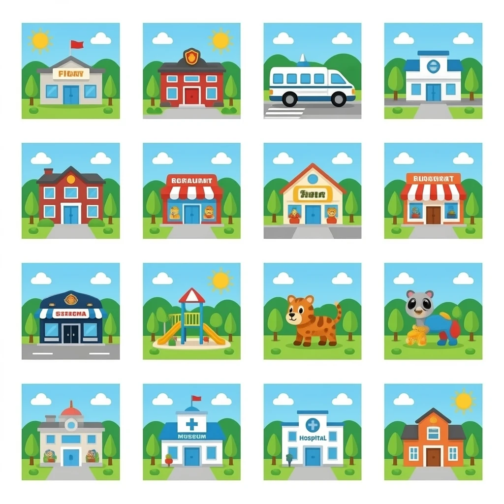 All the places: Police station, fire station, airport, restaurant, supermarket, library, cinema, toy shop, playground, zoo, museum, office, hospital, and school emoji