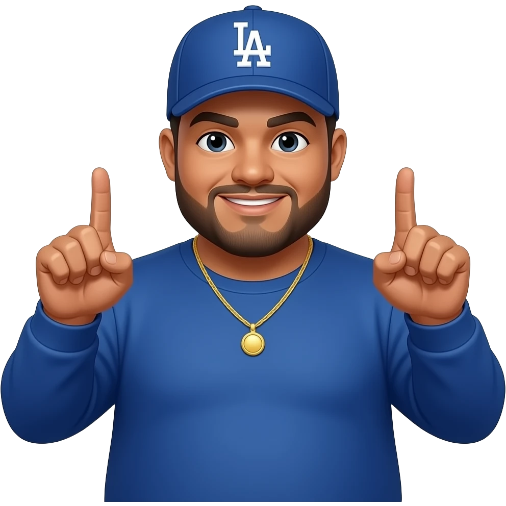 chubby man with a honey skin complextion with lightly shaved black beard wearing a blue Los Angeles Dodgers baseball cap wearing a long sleeve blue shirt wearing a gold tennis necklace making fingers a gun pointing forward with both hands emoji