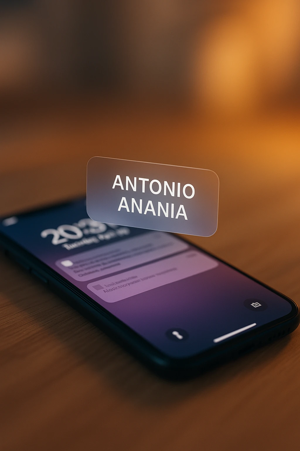A photo of an iPhone with the message "Antonio Anania" on its screen, both surrounded by soft light and shadow. The phone sits atop a desk with a blurred background that suggests work environment. A faint glow from above casts gentle shadows across the surface of each object, creating depth and highlighting their textures. emoji