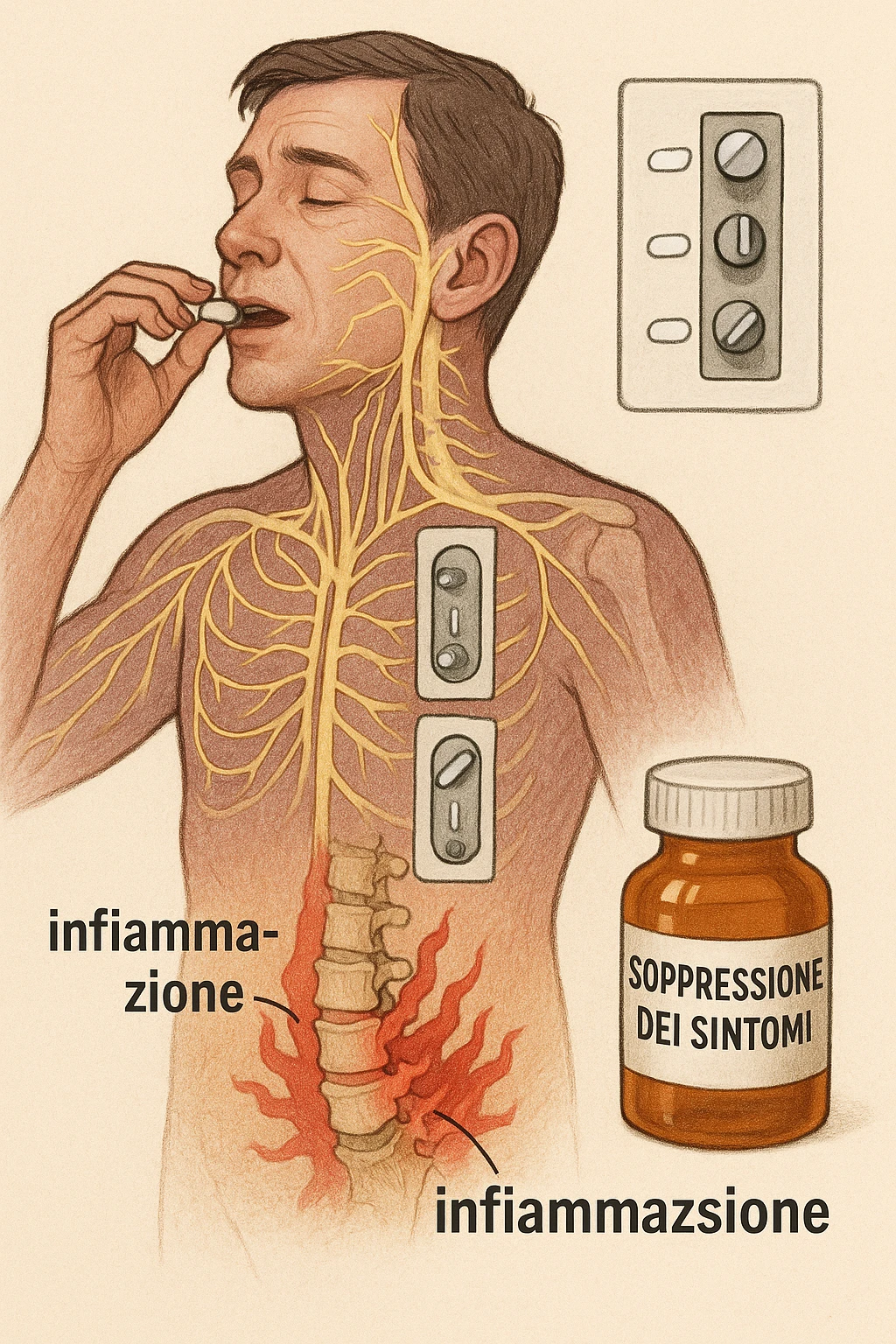 Man taking pain medication for chronic back pain, pills shown as dimmer switches turning down pain signals in transparent nervous system overlay, underlying spinal damage remaining completely untreated and worsening, expression of temporary relief masking progressive deterioration, medication bottle labeled 'symptom suppression' not 'cure', root cause inflammation continuing to spread in italiano emoji