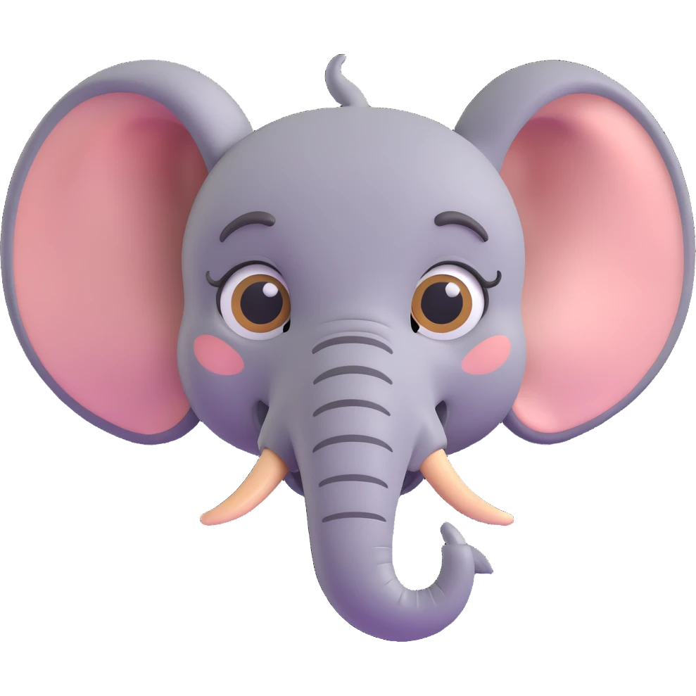 3D emoji style elephant face, front view, large ears, expressive eyes, simple and cute emoji