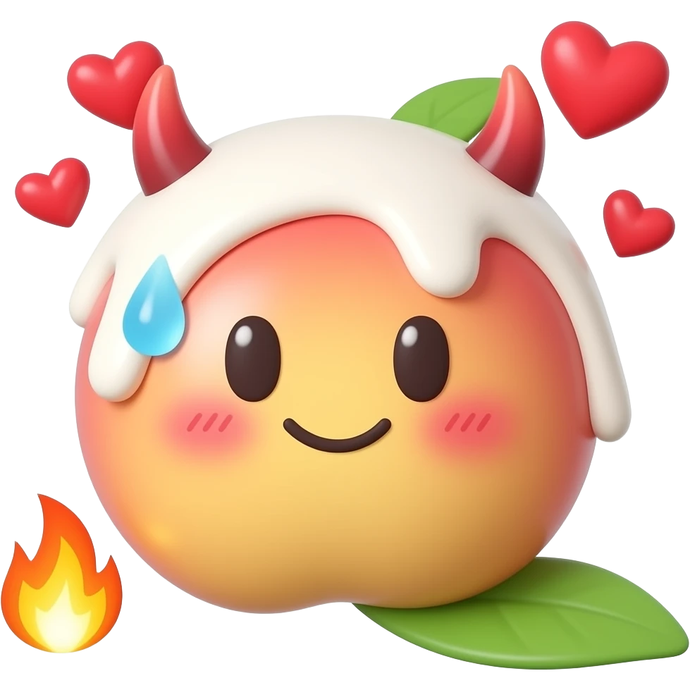 A glossy 3D peach emoji sticker with whipped cream dripping over it, cheeky blushing face, tiny devil horns, sweat drops, hearts and small flames, playful spicy dessert humor, suggestive but non-explicit, clean transparent background, soft shadow, high quality, no text, no watermark emoji