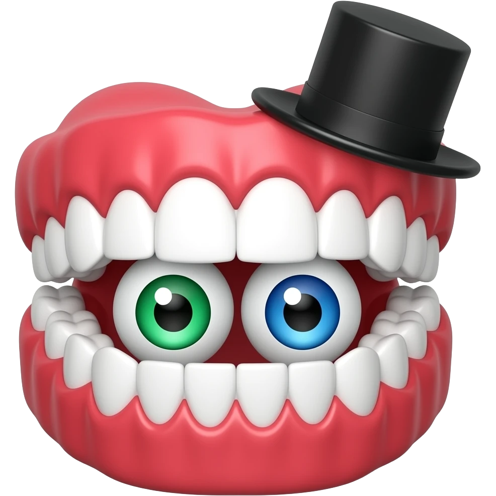 Set of dentures with red gums, eyes placed within the jaw, one green eye, one blue eye, wearing a small black top hat emoji