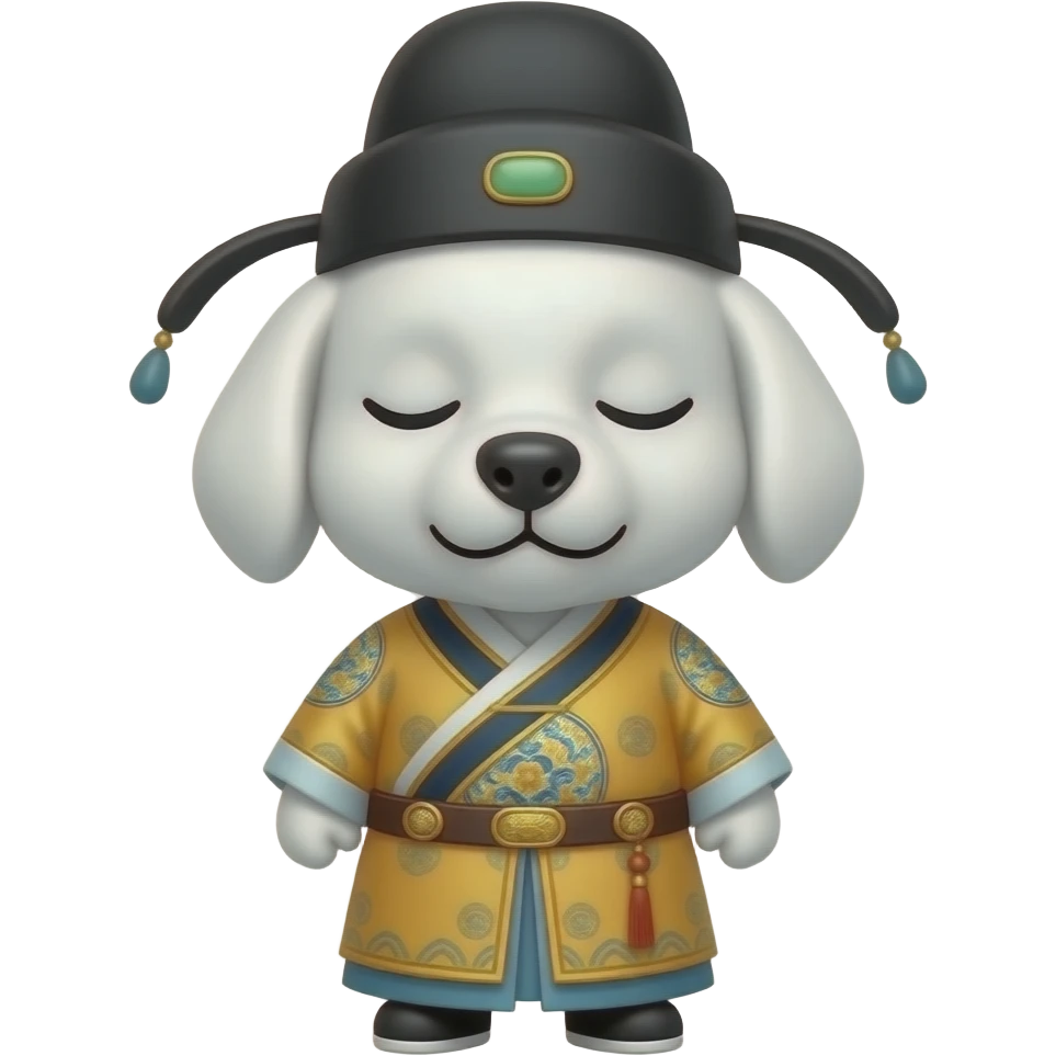 Emoji de perro blanco chino con los ojos cerrados y sombrero y vestimenta china emoji
