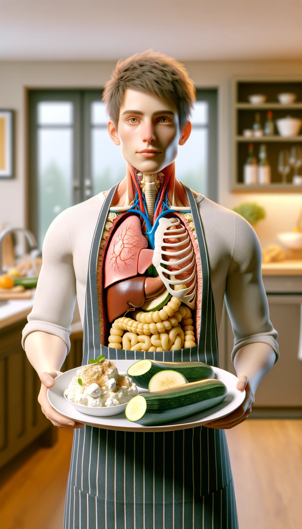 corpo umano con capelli corti con grembiule da cucina che tiene in mano un piatto con una zucchina, gnocchi di patate e ricotta, intestino realistico in evidenza, cucina sfocata sullo sfondo emoji