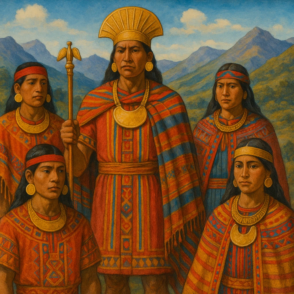pre-Columbian Muisca tribe, traditional clothing, indigenous people, Andean setting, gold ornaments, historical, vibrant colors emoji
