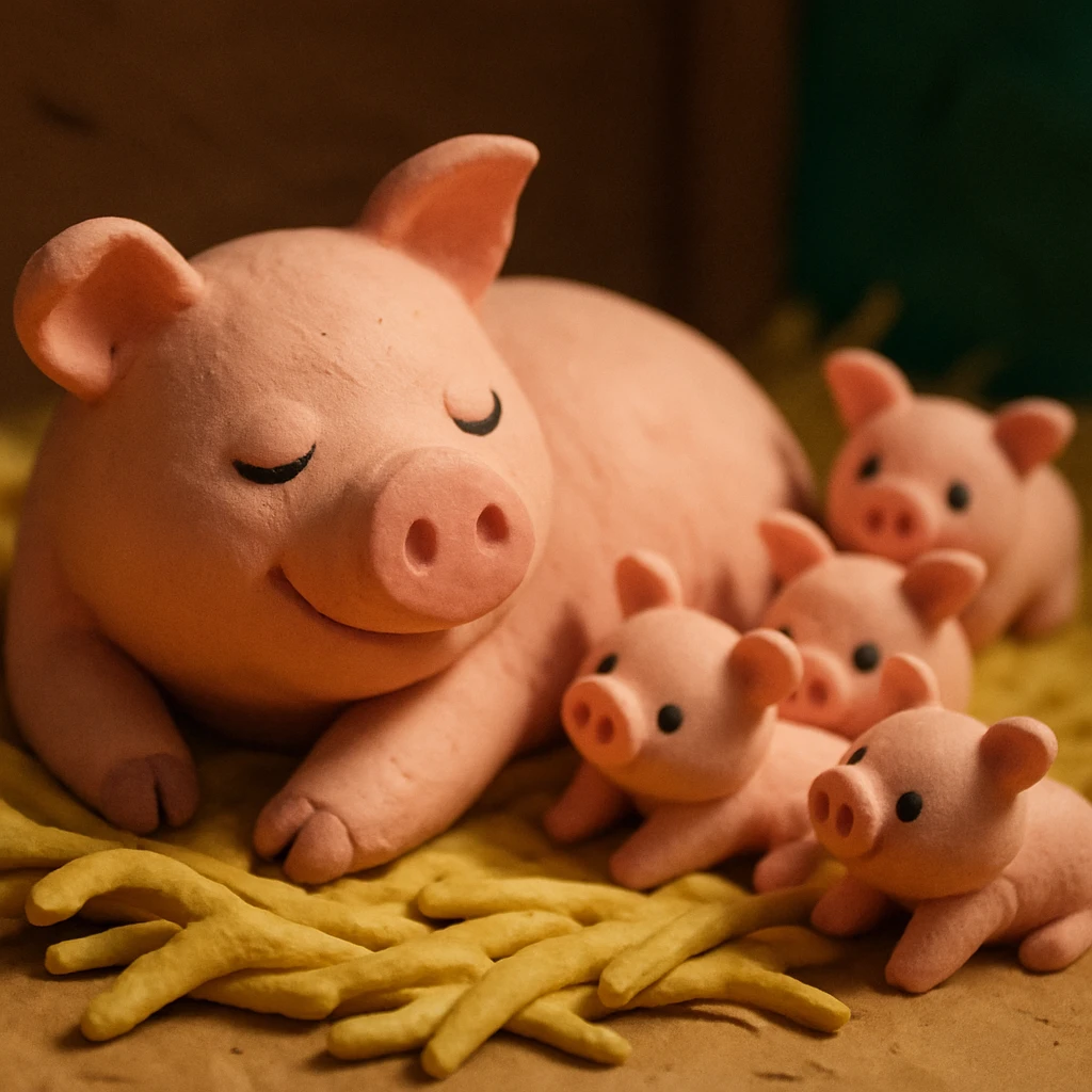 claymation style mother pig lying in straw with piglets around her, soft lighting, vibrant and cute emoji