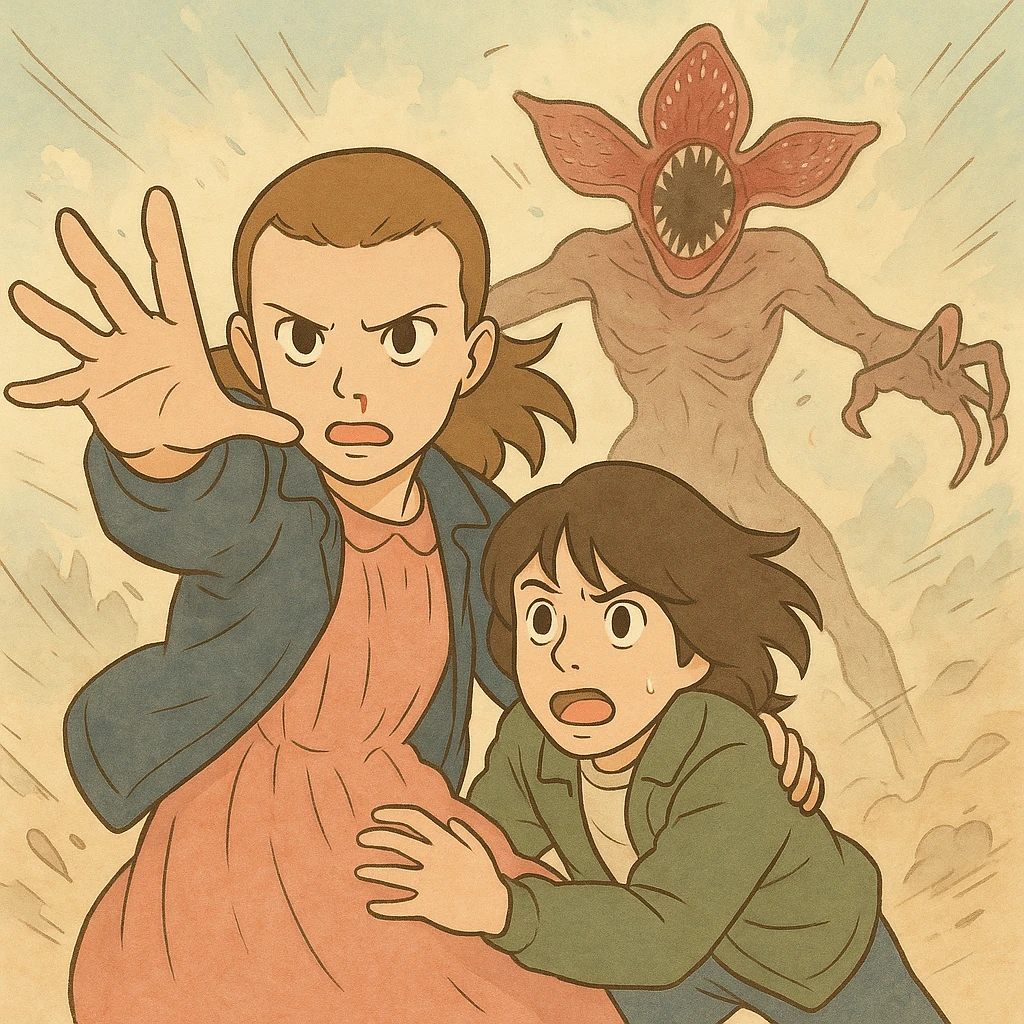 Iconic Stranger Things scene: Eleven using her powers to protect Mike, Demogorgon in the background, all in dynamic poses, action atmosphere, simple line art, light pastel tones, thick outlines, Ghibli style, 1:1 format, safe and friendly. emoji