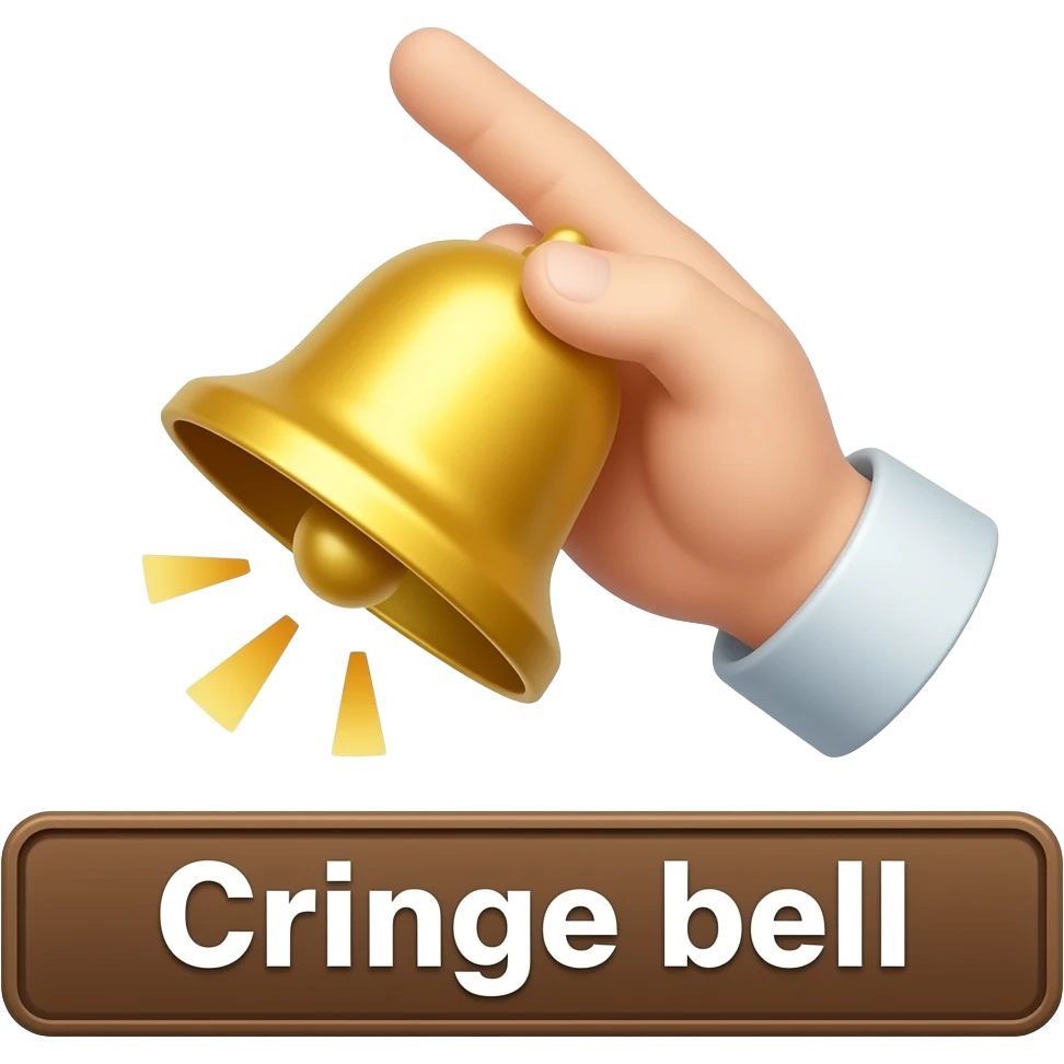 A handheld ringing bell with visual ringing effects,a label below it with text "Cringe bell", filled background emoji