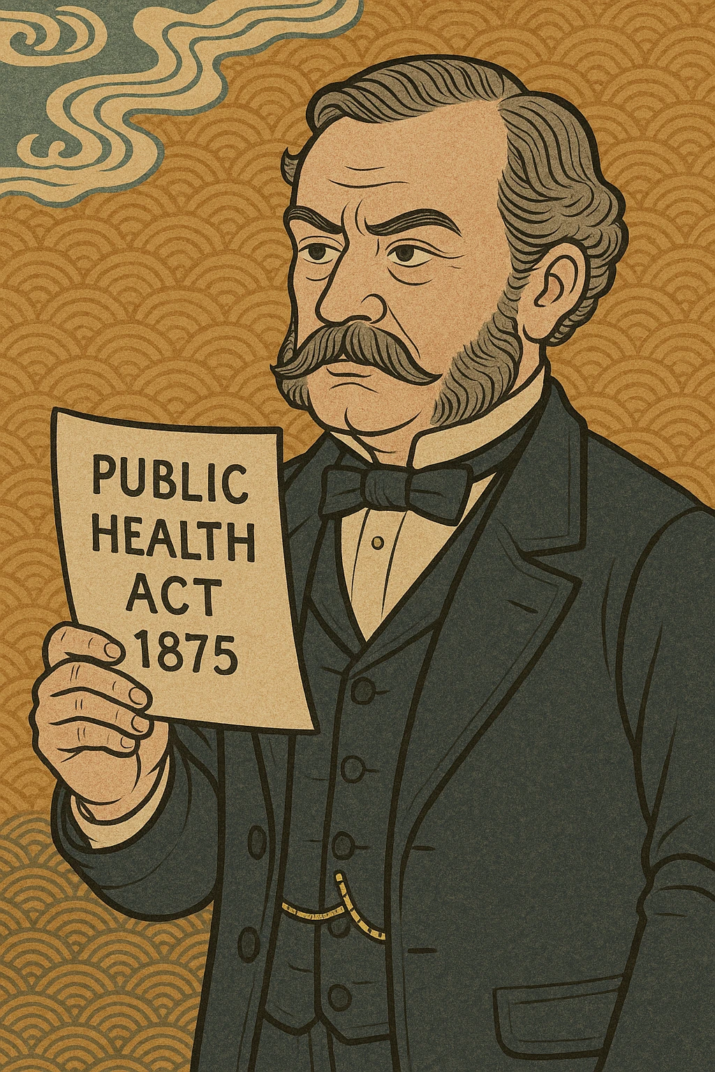 Victorian politician holding a piece of paper saying Public Health Act 1875 emoji