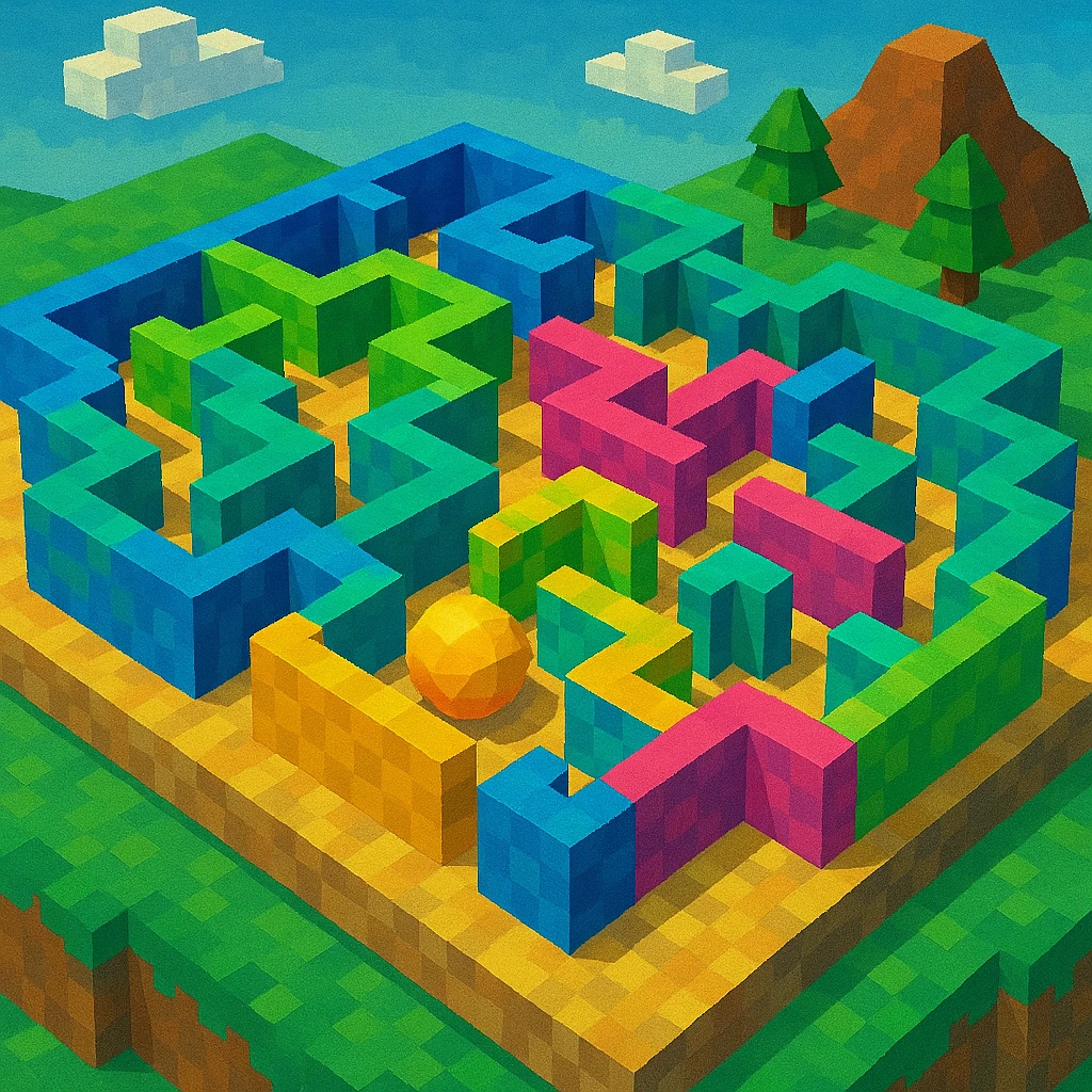 a maze in a 3D isometric style, colorful and modern emoji