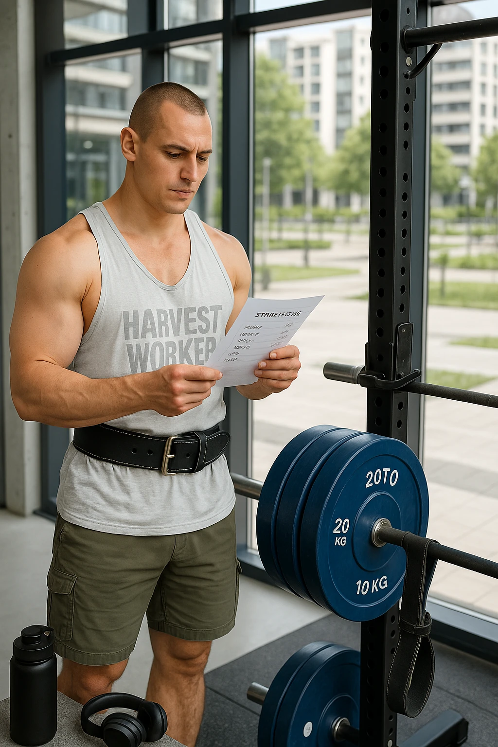 un uomo prepara con cura il suo set di pesi e la cintura per streetlifting, controllando una lista di esercizi e ripetizioni scritta su un foglio. Accanto a lui, una borraccia e delle cuffie. L’espressione è serena e sicura, a sottolineare l’importanza della programmazione per un allenamento efficace. Lo sfondo è un’area fitness urbana, pulita e ben attrezzata. emoji