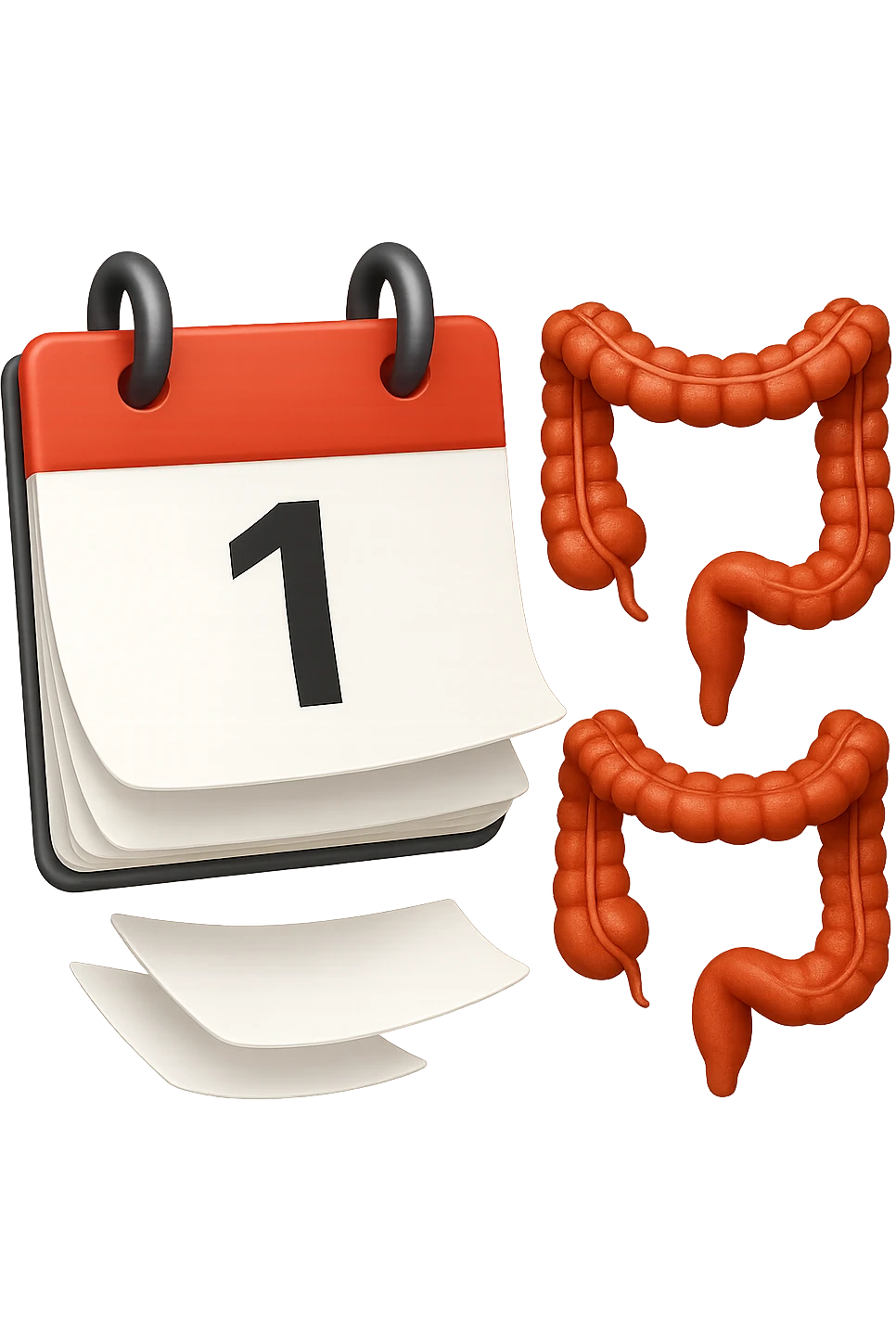emoji stile iphone di un calendario con fogli che volano insieme a pezzi anatomici di colon umano, iperrealistico 4k, isolato su sfondo bianco emoji