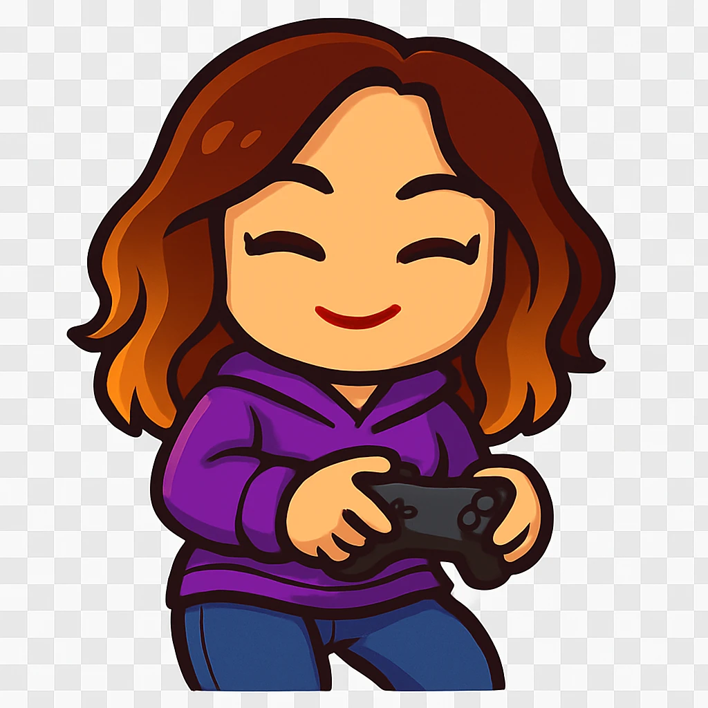 Update this chibi emote to remove the headband and change the outfit to a cute purple hoodie and jeans, holding a game controller in a gaming pose emoji