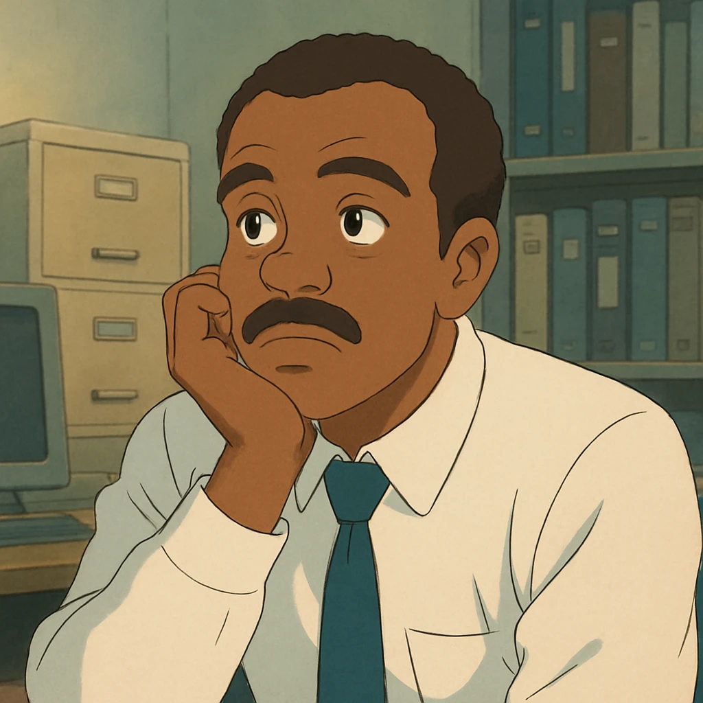 Black office employee, white shirt, thinking emoji