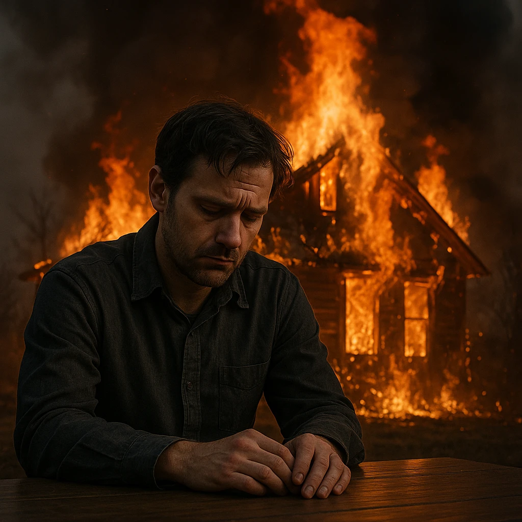 a man sits sadly at a table, a house is burning behind him, dramatic emotional scene emoji