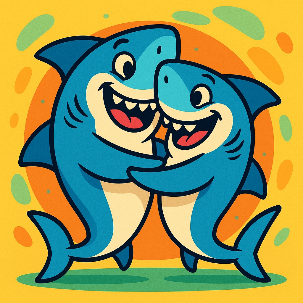 two sharks hugging, playful, cartoon style emoji
