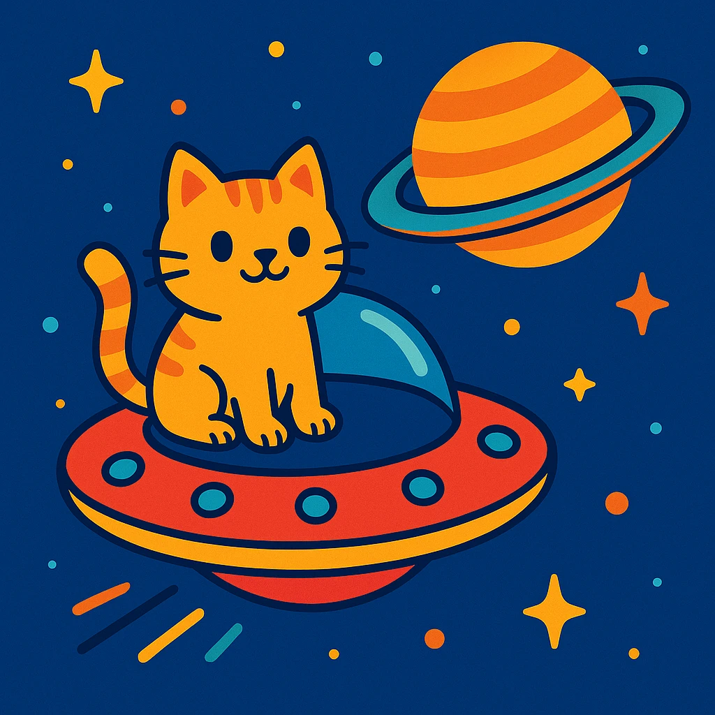 a cat sitting on a UFO flying near Saturn, vibrant and playful style emoji