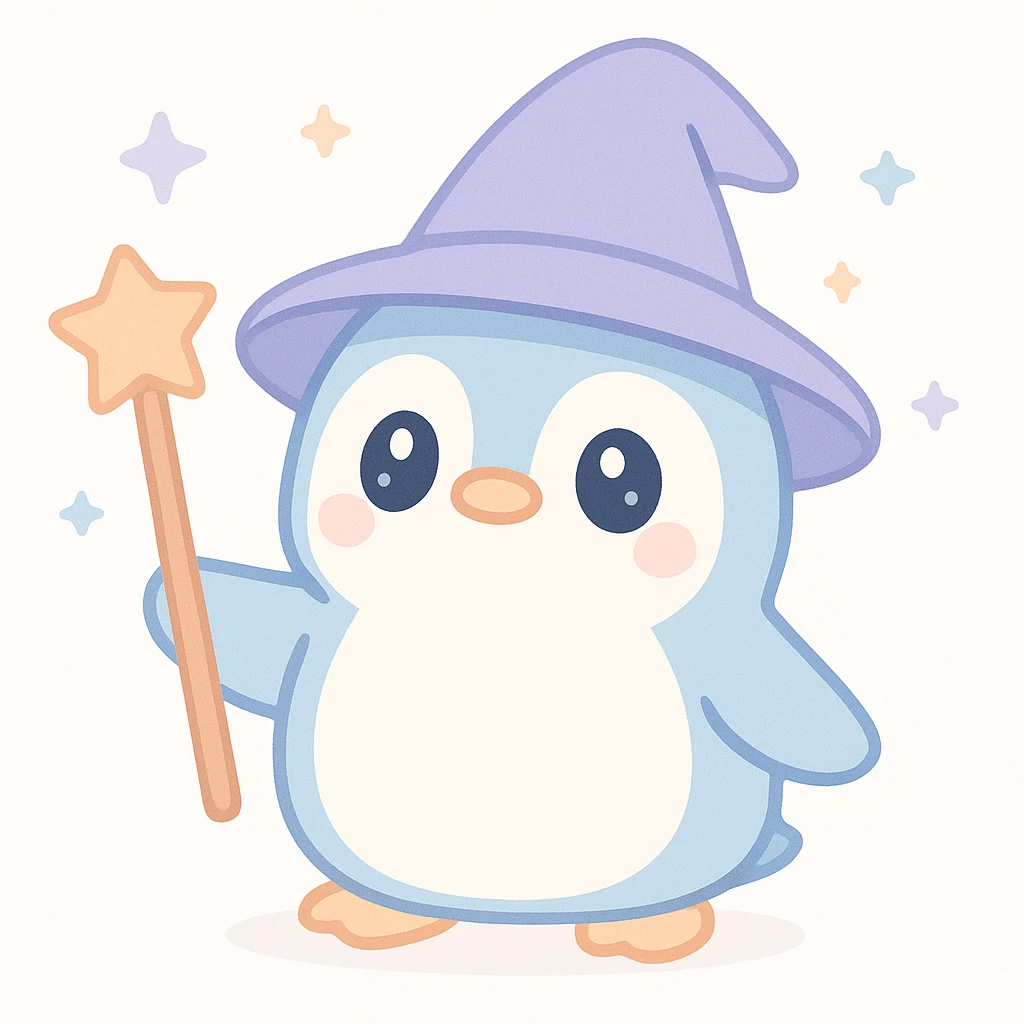 cute and whimsical penguin dressed as a wizard, wearing a pointed hat and holding a magic staff emoji