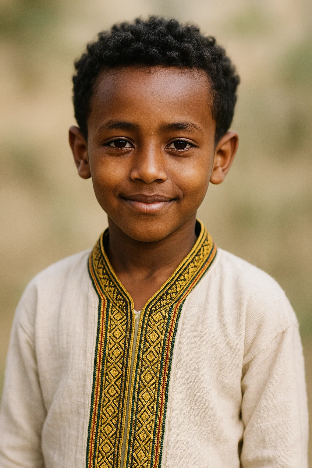 Ethiopian young boy, gentle smile, traditional clothing, short curly hair, soft background emoji