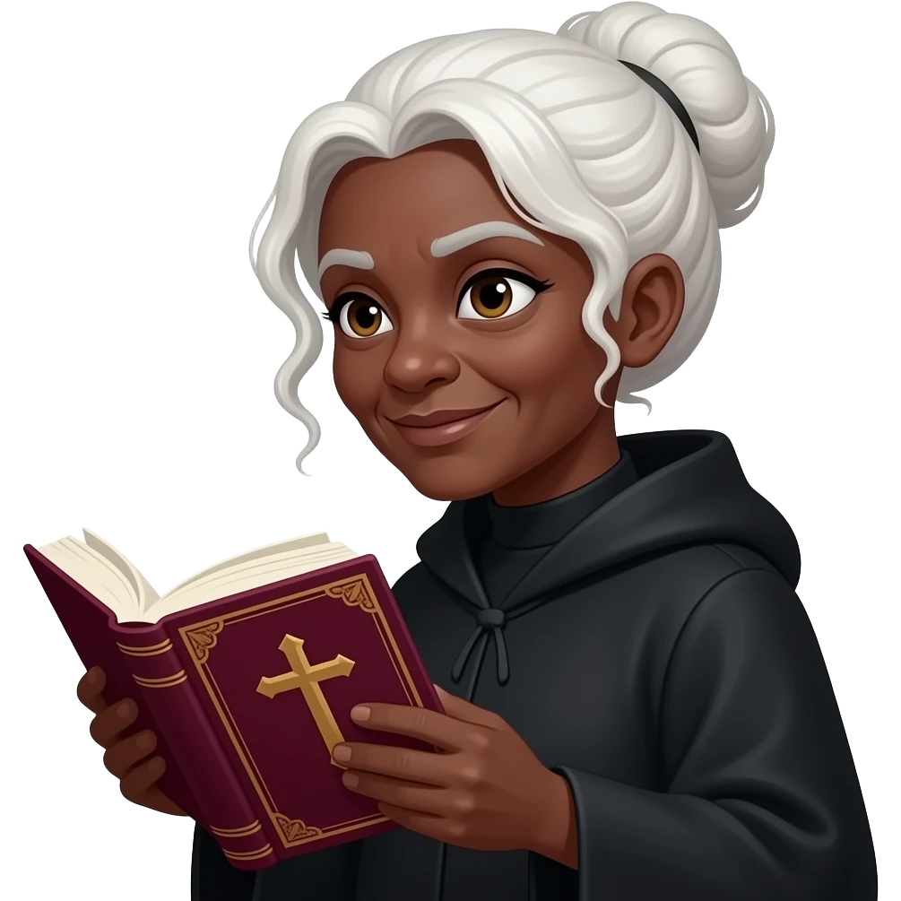 wise old woman with white hair tendrils in a bun black skin robe with burgundy book that has a cross on it facing left looking at camera emoji