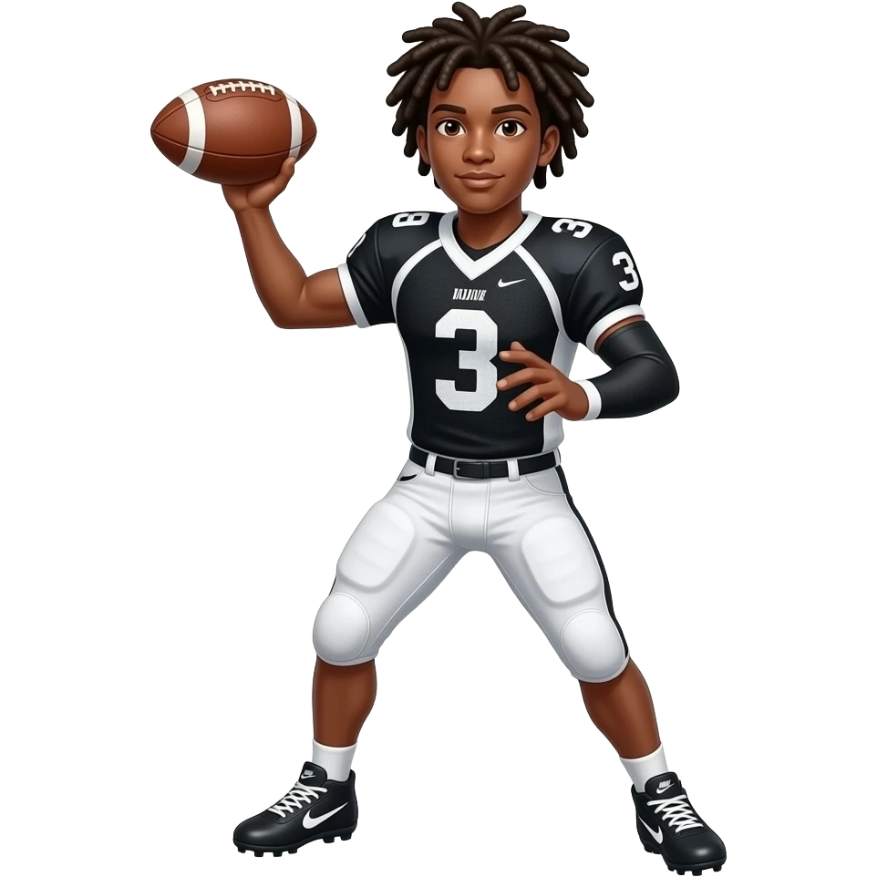Brown skin with dreads teenager with black and white jersey #3 black and white shorts #3 Nike cleats black arm sleeve throwing the football emoji