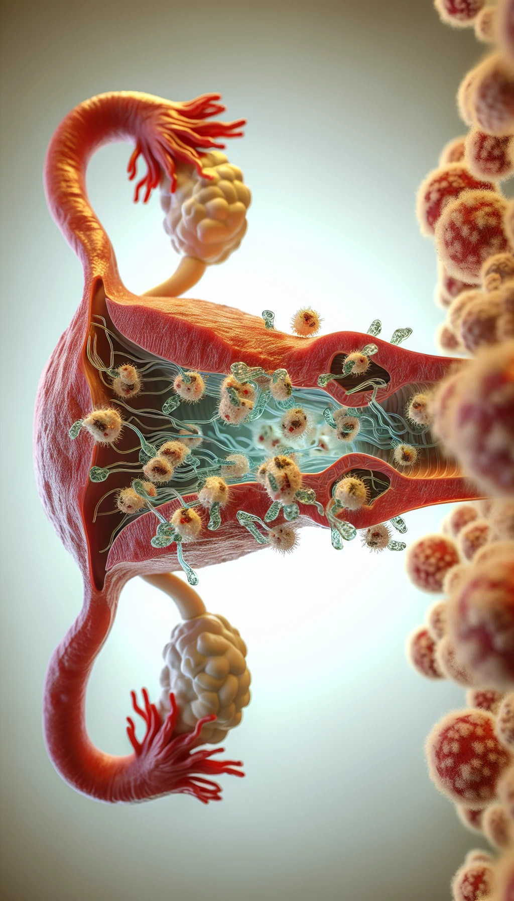 corpo umano anatomico con batteri come la candida nell'utero, sfondo neutro chiaro, iperrealistico 4k emoji