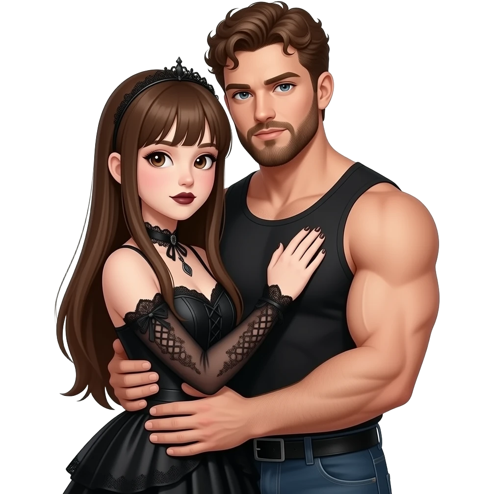 realistic pretty pale skin long straight brown hair girl brown eyes long face wearing gothic dress and gothic makeup HD and her muscular man short brown curly hair and beard hugging emoji
