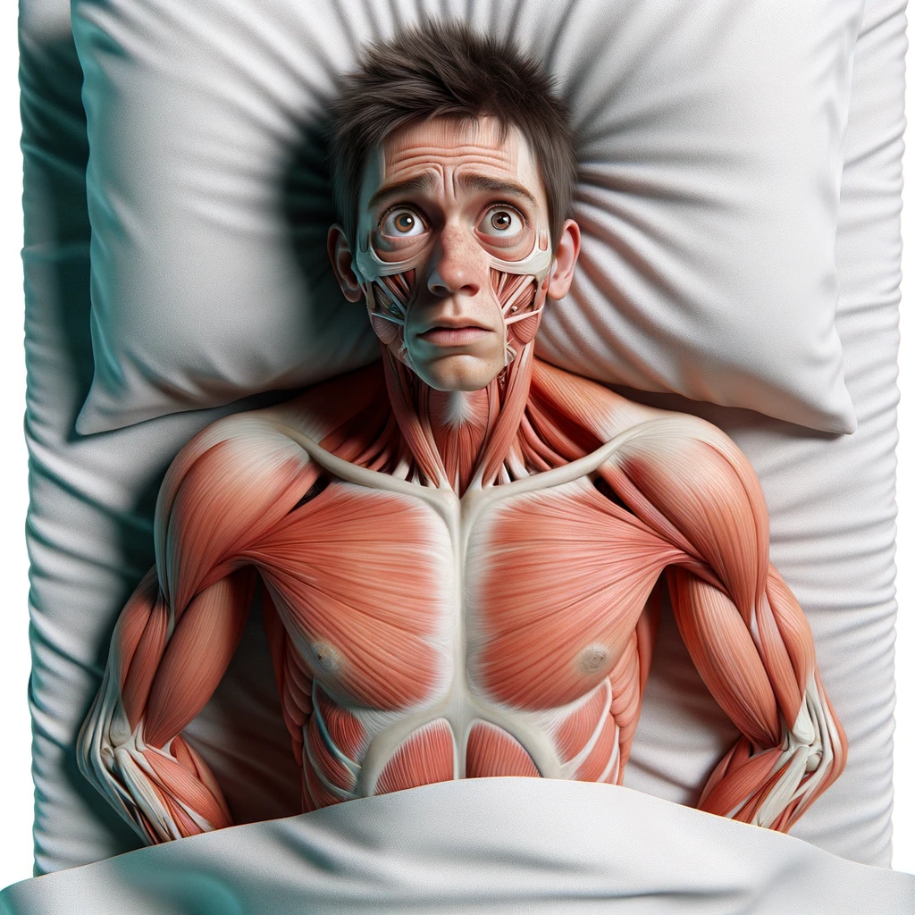 corpo umano anatomico con capelli corti che non riesce a dormire muscoli e organi in evidenza, sta nel letto con  gli occhi sbarrati e l'espressione nervosa, visto dall'alto, iperrealistica 4k, isolato su sfondo bianco emoji