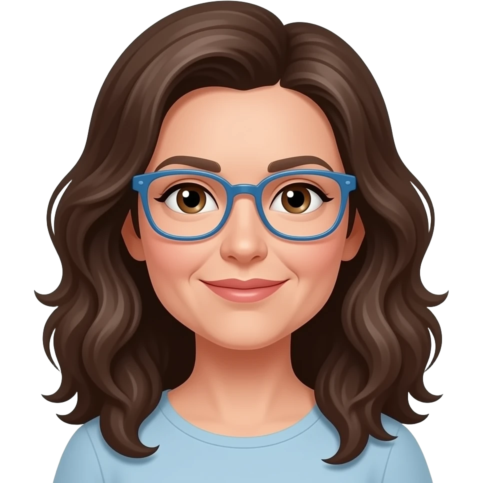 woman in her late 40s, peachy white skin, light brown eyes, dark brown long curly hair with a little bit of grey hair), blue glasses emoji