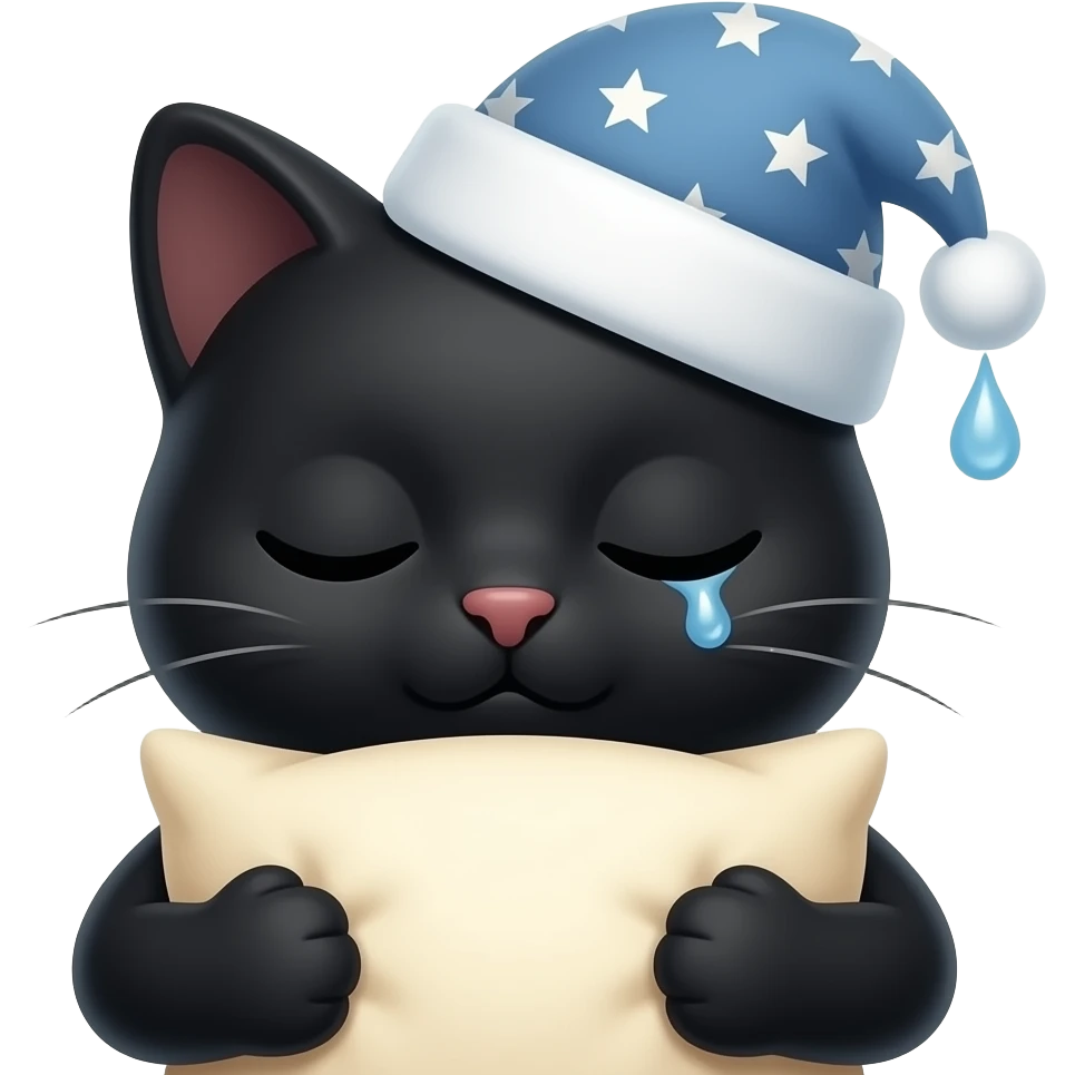 Black cat wearing nightcap, closed eyes, tiny drool, hugging pillow, sleepy expression, cartoon emoji, close-up, transparent background emoji