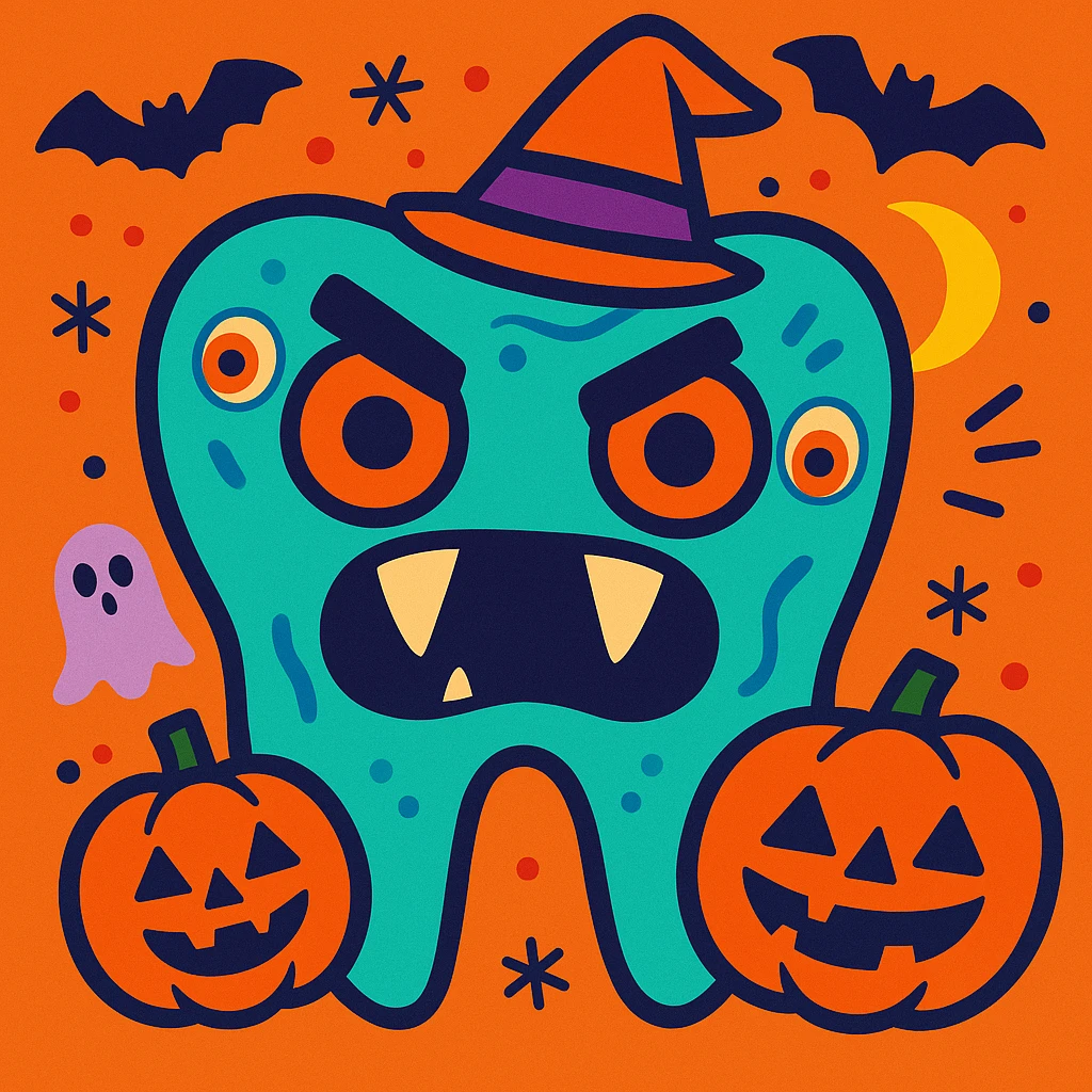 colorful and fun illustration of a tooth with Halloween theme, featuring spooky details like fangs, eyes, and pumpkin decorations emoji