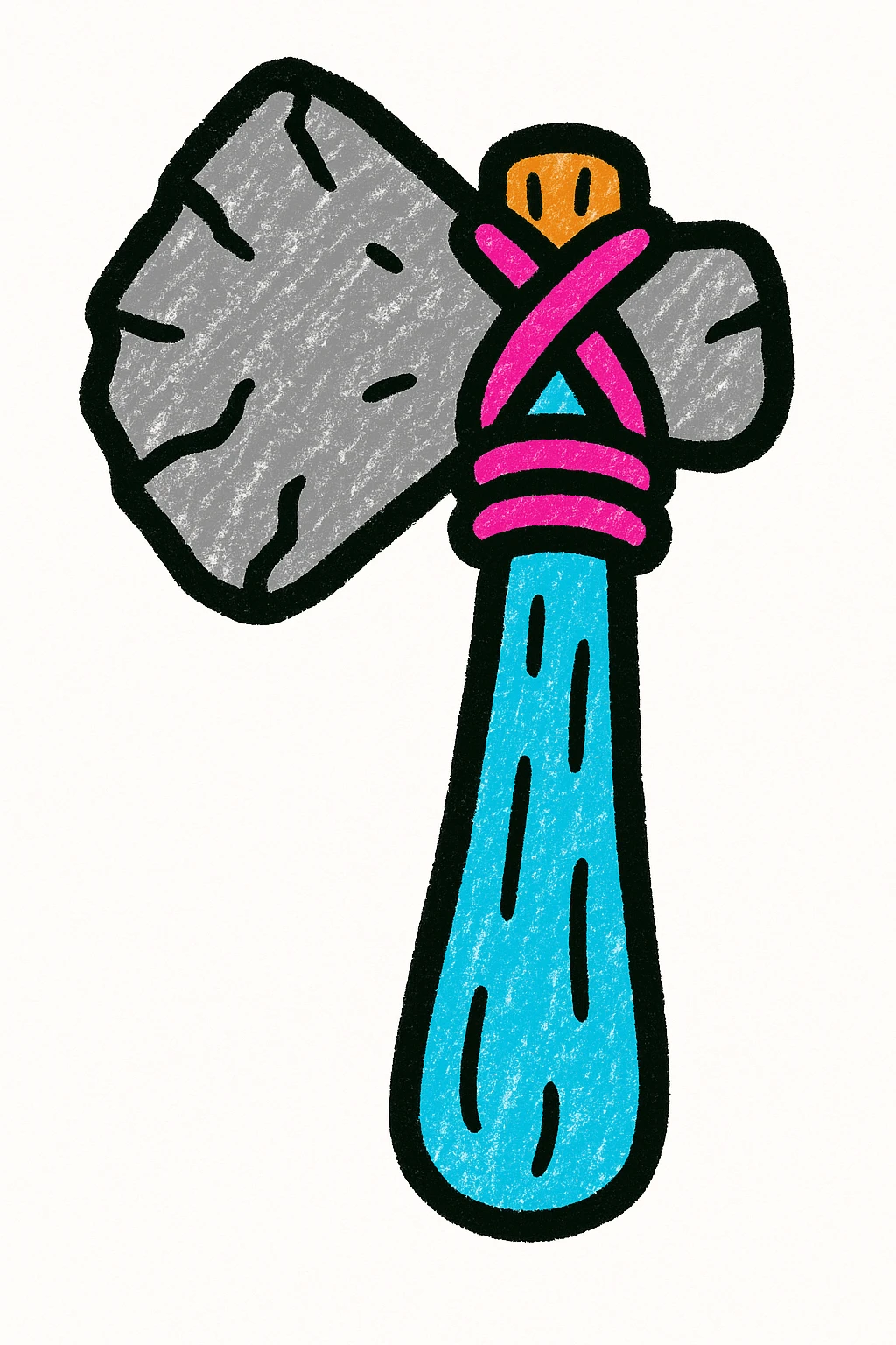 conpep-style cartoon Stone Age hand axe, featuring a rough gray stone blade, textured wooden handle, and thick rope binding. Centered on a white background, with soft shadows and glossy highlights for a 3D emoji-like appearance. emoji