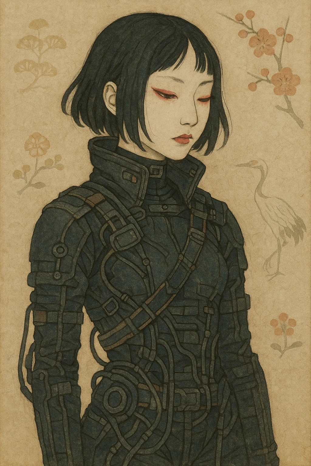 pale girl with black medium hair, Japanese style makeup, wearing a dark cyberpunk style outfit, nihonga style emoji