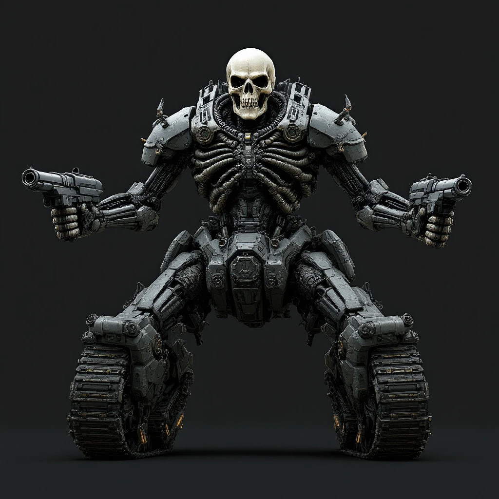 Intimidating sci-fi skull tank with humanoid torso and four arms holding guns, small skull head, no tank cannon, torso and head protruding in front, mounted at the back of a bulky tank chassis, aggressive pose, in Flux Pro style. emoji