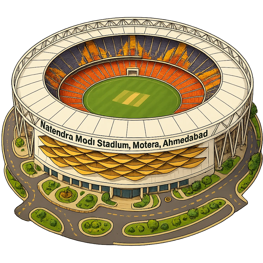 Изометричная, яркая, детализированная иллюстрация стадиона Narendra Modi Stadium в стиле 3D-коллажей городов, насыщенные цвета, аккуратные линии, мультяшно-реалистичная стилистика. Чёткие контуры, прозрачный фон, высокое качество. emoji