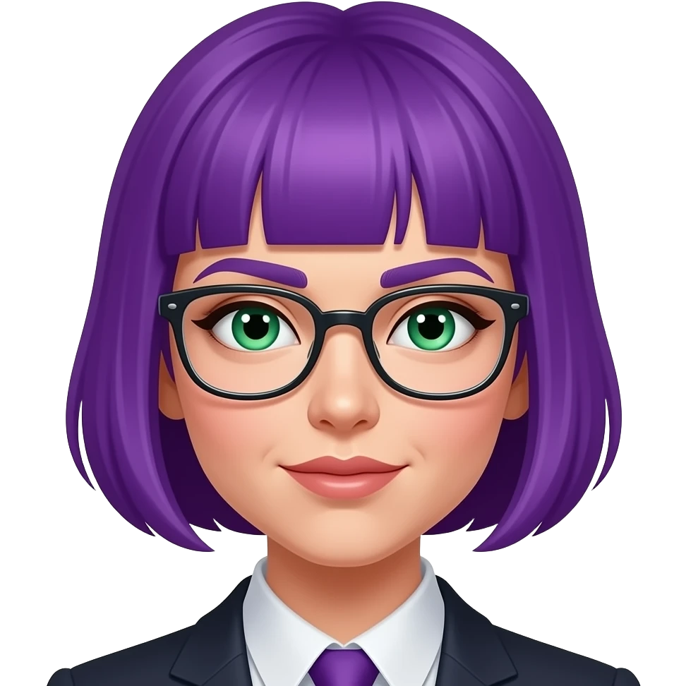I want to create an emoji for my ai folder. Can you make her a female with glasses and short hair and make her look sofisticated and intelligent. Oh give bright purple hair and bright jade green eyes emoji
