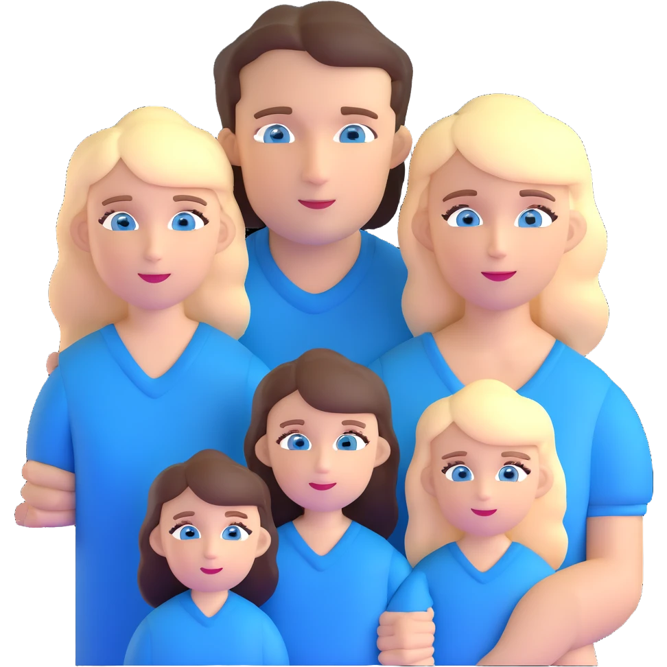 Family portrait with father with dark brown hair and blue eyes, mother with light brown hair and blue eyes, three blonde little girls with blue eyes emoji