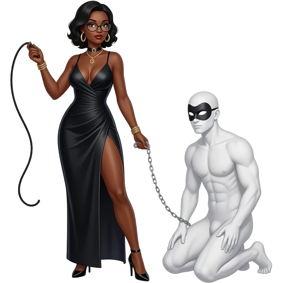 africaine dominatrice tres mince et tres  noire visage 50 ans fin lunettes debout robe decolletee profond fluide fendue  une jambe nue passant dans la fente fouet souple dans la main chaine dans la main droite droite talons aiguilles debout  homme blanc nu masque prosterné emoji