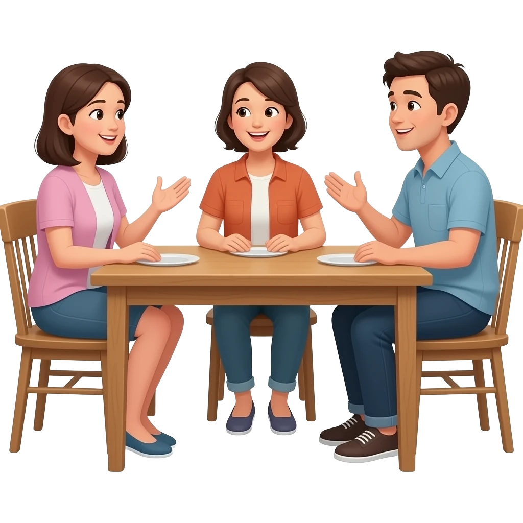 Dialogue between two adults and a teenager sitting at the table at home looking at each other in a conversational mood, hands moving, faces speaking emoji