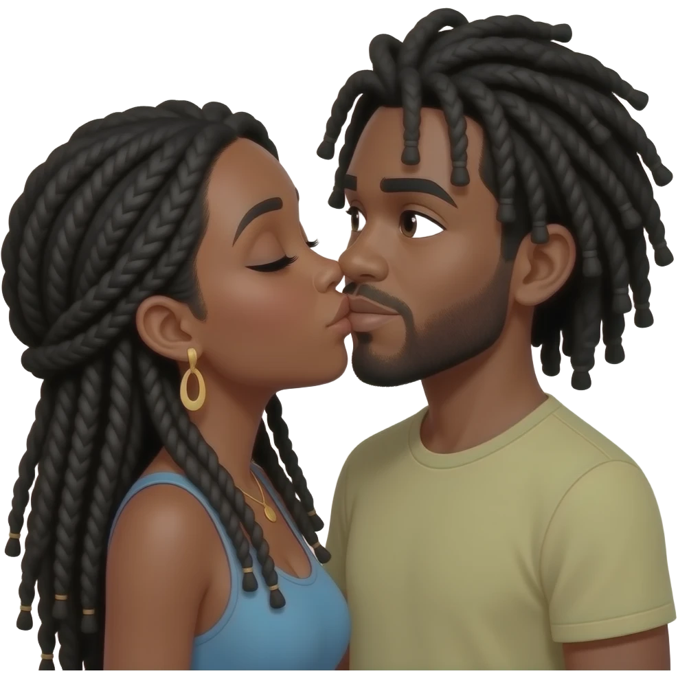 Brown skin woman with long black dreadlocs kissing light skin black man with long black dreadlocs emoji