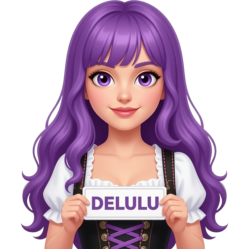 sexy girl with long purple hair and purple eyes wearing a dirndl holding a DELULU sign emoji