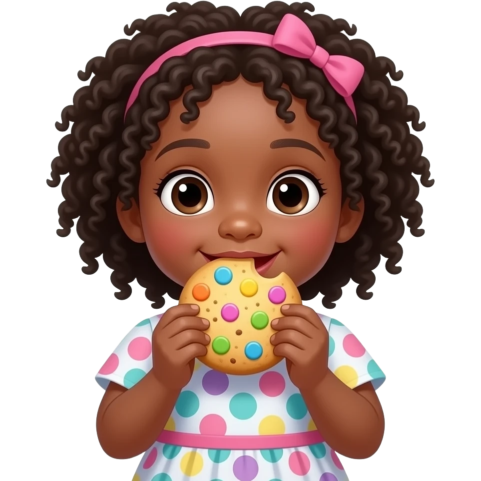 cute afro kid eating big colourful cookie, dress front facing emoji