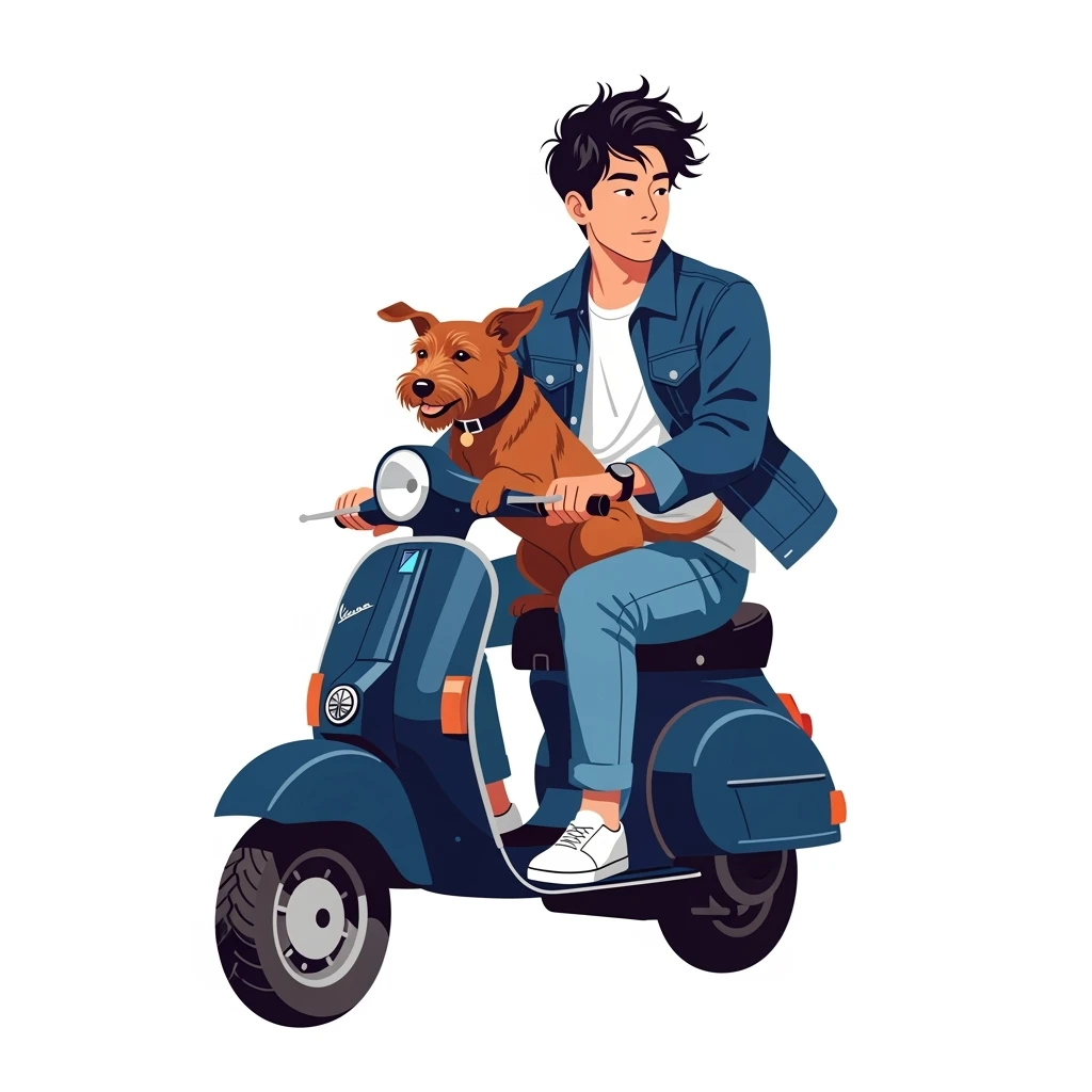 vector art of a man and his pet dog riding a vespa, for website design emoji