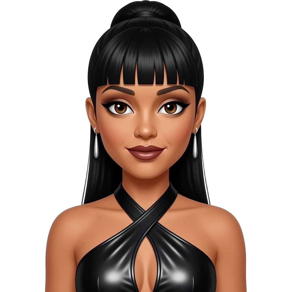 LeToya Luckett from Destiny's Child with dark brown eyes, long black bang hair with updo back, black eyeshadow and lipstick, black metallic halter dress, earrings emoji