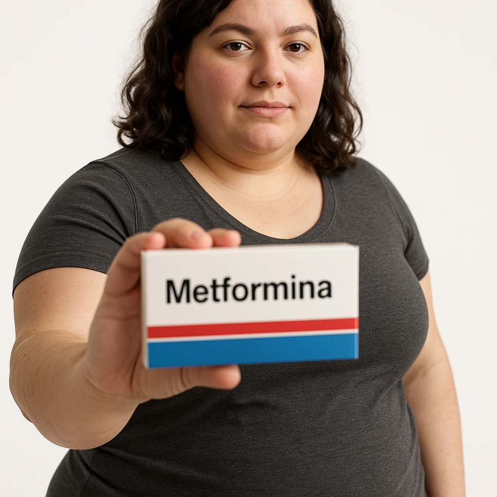 Hyperrealistic 4K vertical 9:16 image of an overweight woman or woman with PCOS standing on a white isolated background, holding a box of Metformin with the word 'Metformina' clearly visible and realistic in the foreground, confident expression. emoji