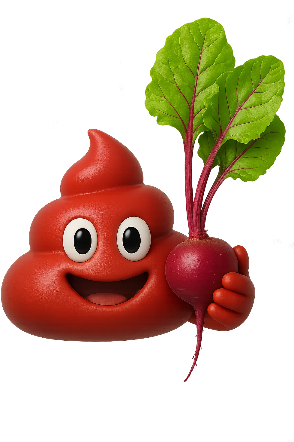 emoji stile iphone 3d di una cacca rossa con barbabietole in mano, iperrealistiche 4k emoji